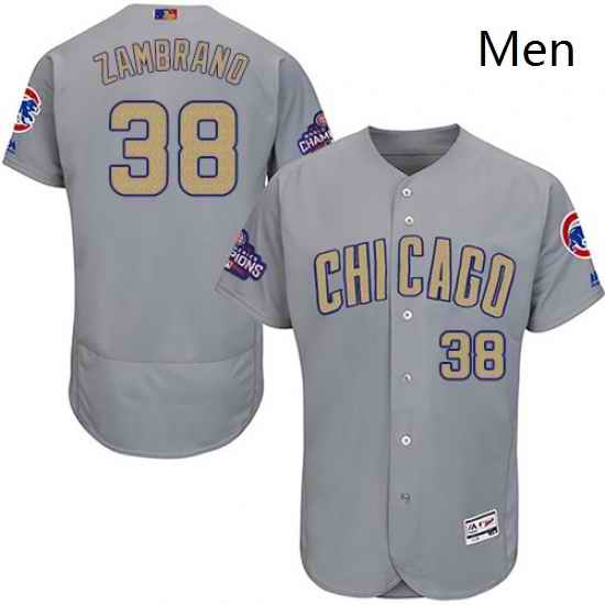 Mens Majestic Chicago Cubs 38 Carlos Zambrano Authentic Gray 2017 Gold Champion Flex Base MLB Jersey